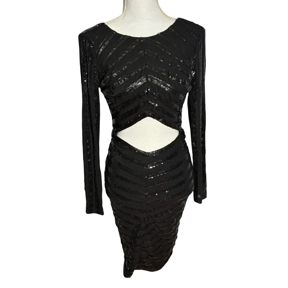 House of CB Sequin Mini Dress Womens XS Black Cutout Open Back Long Sleeve - Picture 3 of 15